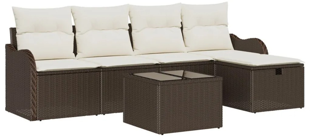6 Darabos Kert Kanapészett Párnákkal Barna Poli Rattan, 2 Személyes Kert Kanapé Tárolóval &amp; Párnákkal Barna Poli Rattan