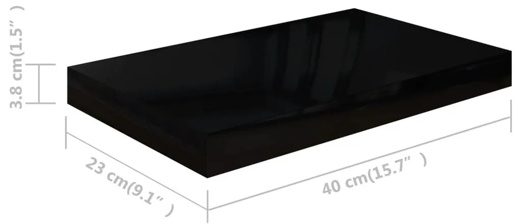 2 db magasfényű fekete MDF lebegő fali polc 40 x 23 x 3,8 cm