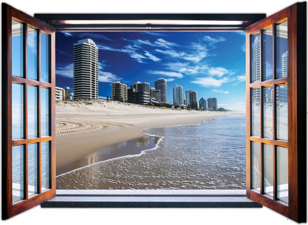 Fotótapéta Tengerpart kék és városi horizont Kilátás az ablakból 201x145 +ragasztó