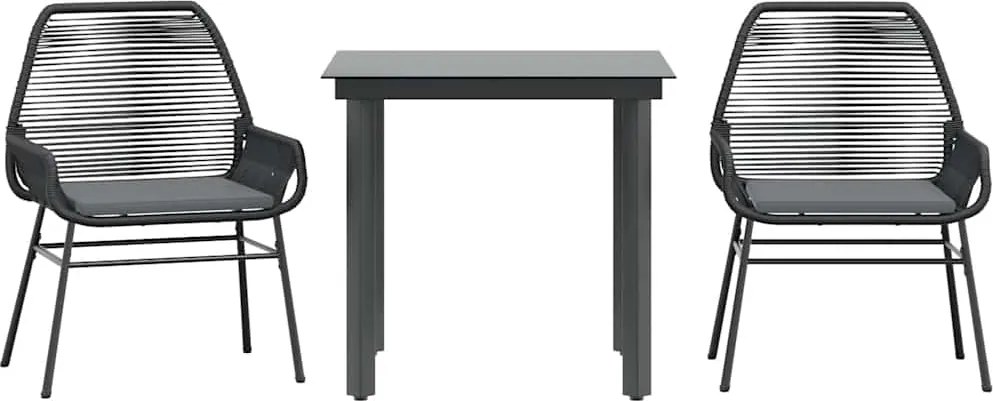 vidaXL 3 részes fekete polyrattan üveg kerti étkezőgarnitúra párnákkal