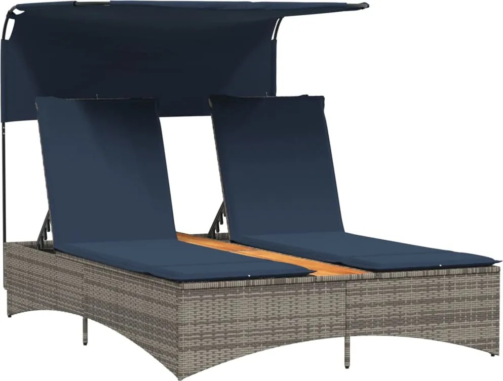vidaXL szürke polyrattan kétszemélyes napozóágy napellenzővel és párnákkal