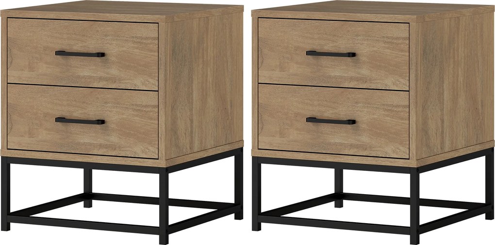 HOMCOM 2 db éjjeli szekrény 2 fiókkal, ipari stílusú éjjeliasztal hálószobába, nappaliba, méretei: 40 x 39,5 x 48 cm natúr fa kivitel | Aosom