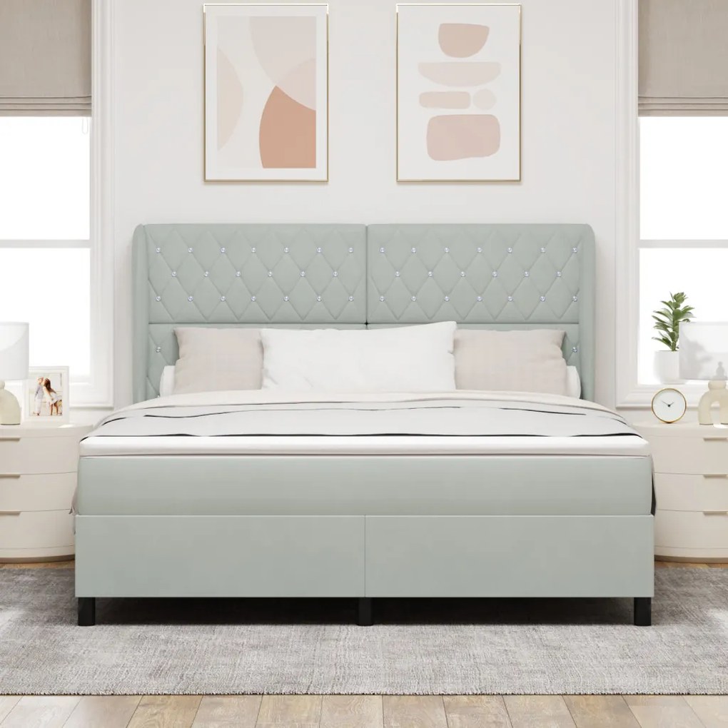 Boxspring Ágy Matracal - Világosszürke, 180x200 cm, Bársony