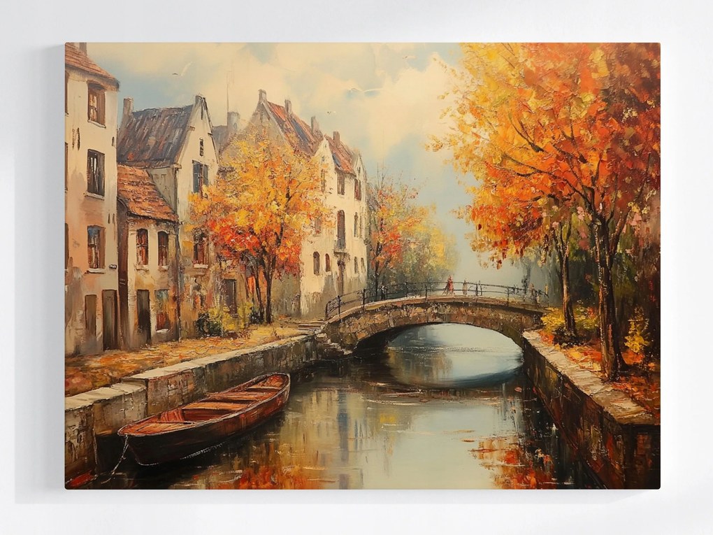Vászonkép Canvas Ősz Város Óváros Folyó Csatorna Híd Hajó 100x75