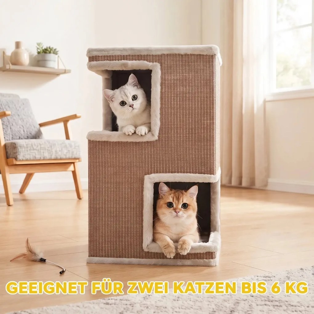 PawHut Macskabarlang 3 emeletes beltéri macskahordó, félig zárt macskabarlang körös-körüli kaparófelületekkel, világosbarna