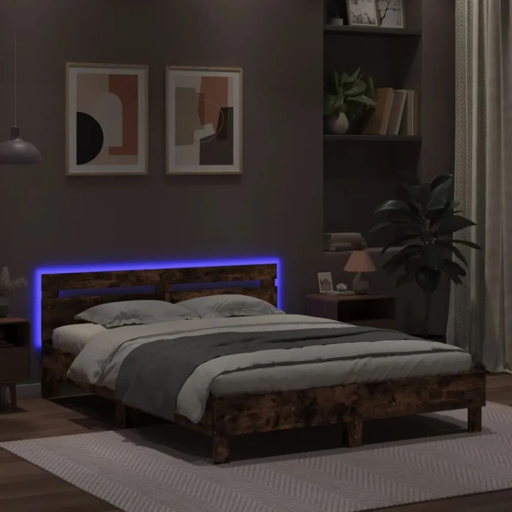 barna tölgy színű ágykeret fejtámlával és LED-del 140x190 cm