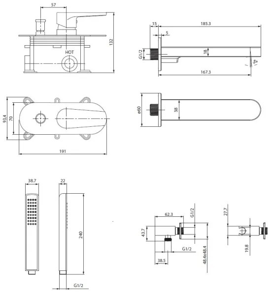 Cersanit S952-042 - CREA fekete beépíthető kádtöltő csaptelep szett