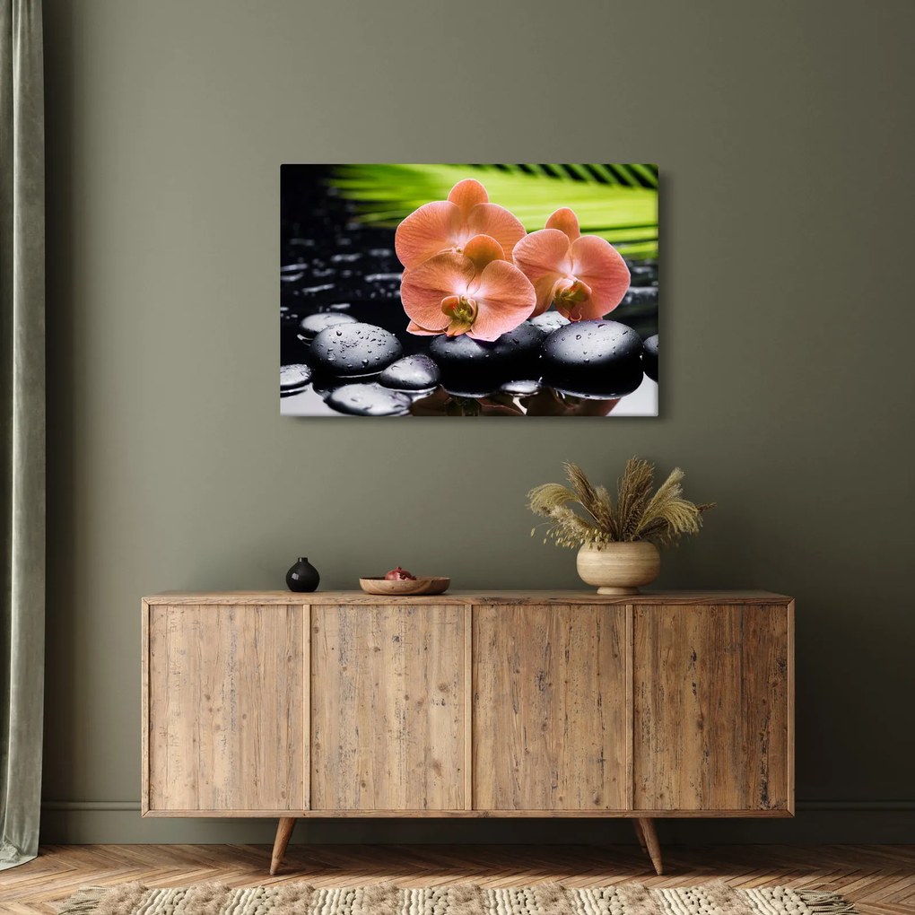 Kép - Narancssárga orchidea pálmalevelekkel (90x60 cm)