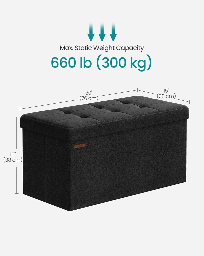 SONGMICS tárolós ülőke, összecsukható ülőpad, 38×76×38 cm, fekete