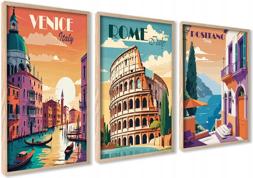 Vintage Retro Poszter Szett Olaszország Italia Róma Velence Positano Falra