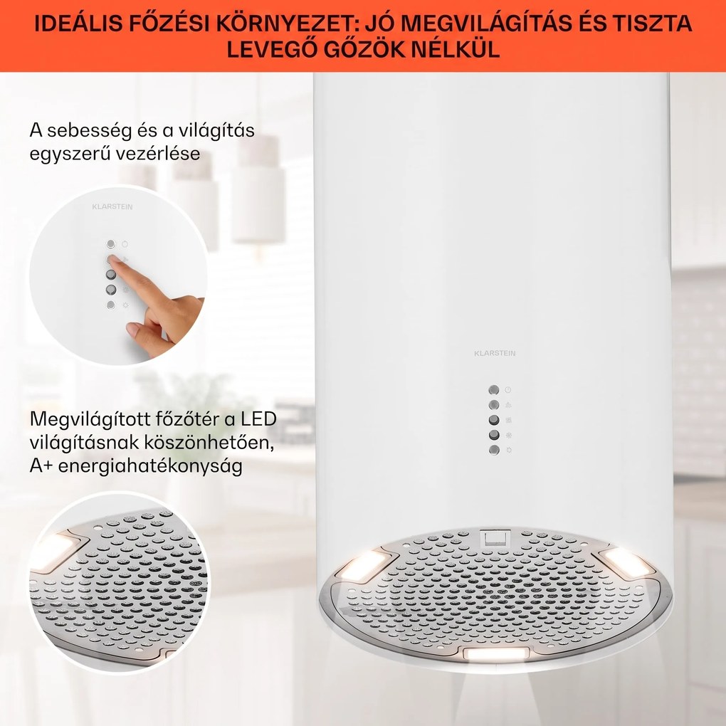 Klarstein Bolea, sziget páraelszívó, Ø 90 cm, recirkulációs/elszívás üzemmód, 651 m³/ó, LED, aktívszén szűrőkkel