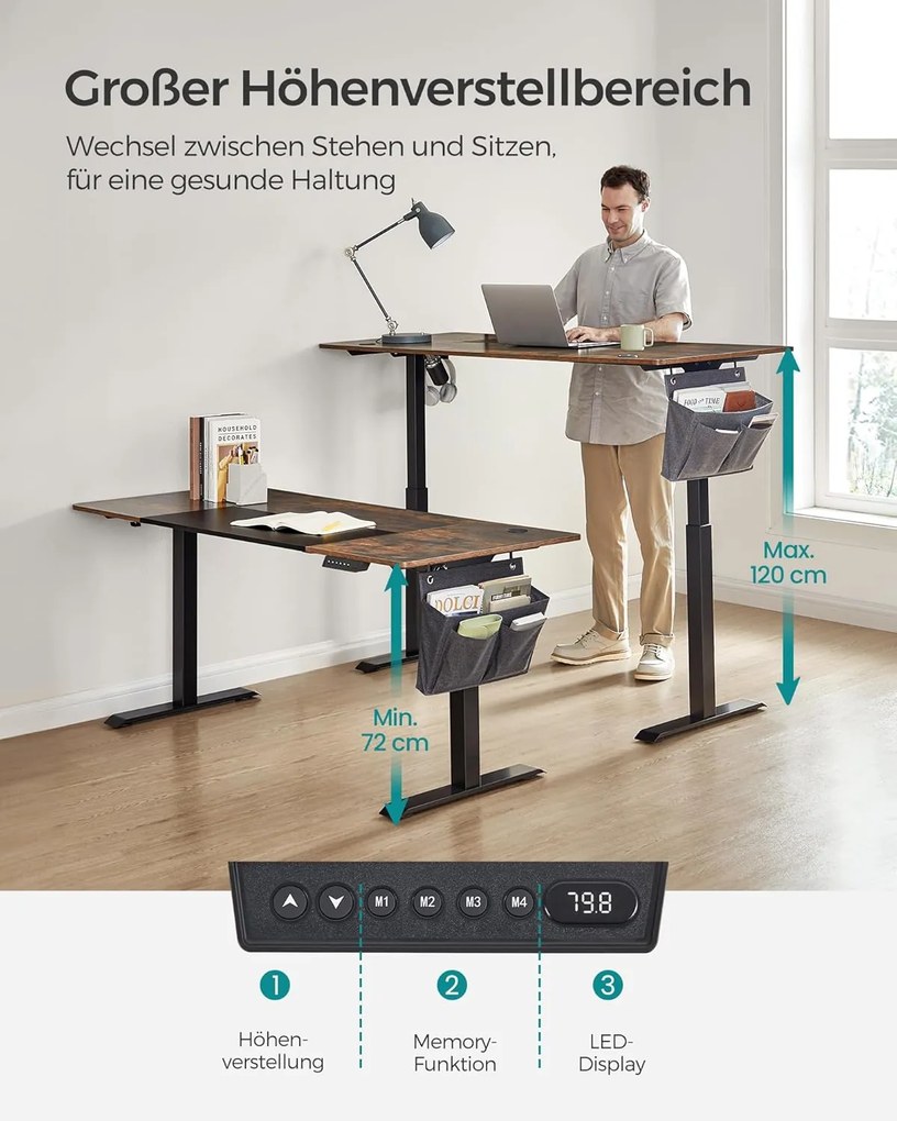 Állítható magasságú íróasztal, 70 x 160 x (72-120) cm, vintage barna-fekete