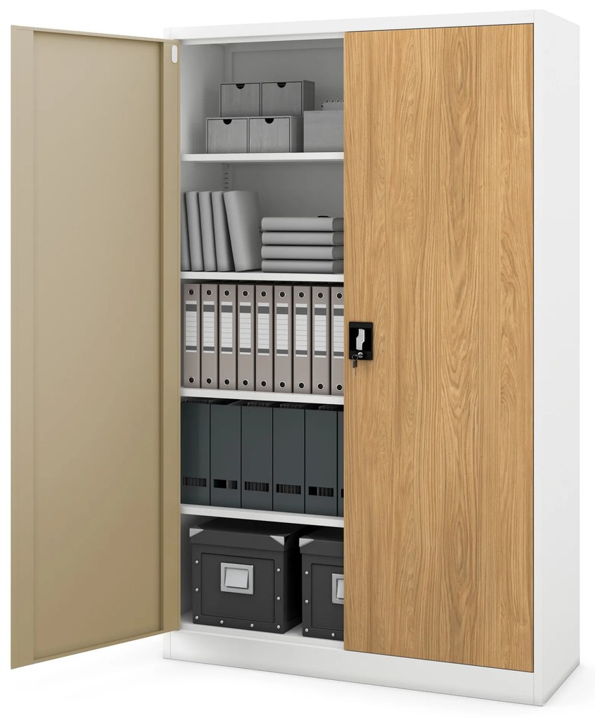 Fém irodai iratszekrény, széles, fehér/arany tölgy, 1150x1850x400 mm: JAN II Eco Design