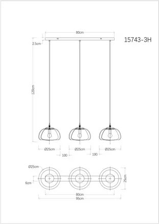 Globo 15743-3H Függeszték fém fekete matt, füstszínű/fehér üveg, kábel textil fekete, magassága rövidíthető, HxSzxM: 950x250x1200mm, 3x E14 40W 230V izzók nélkül