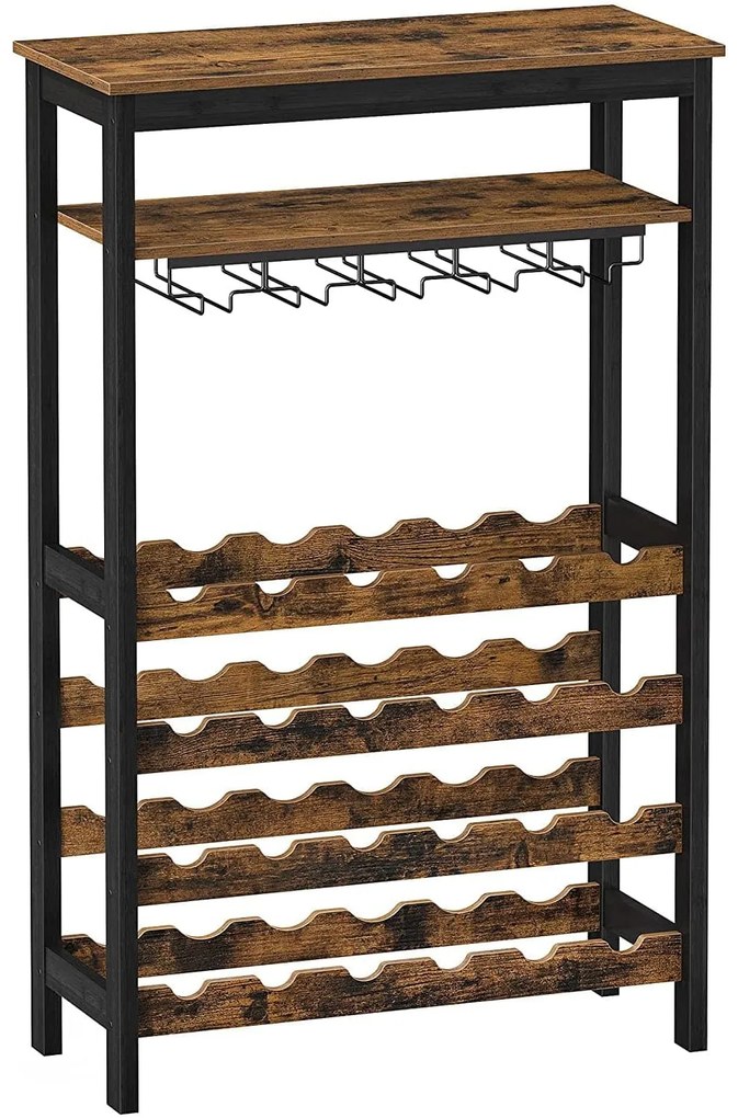Bortartó állvány, 24 borosüvegnek, álló üvegtartóval, rusztikus barna 66x30x100cm
