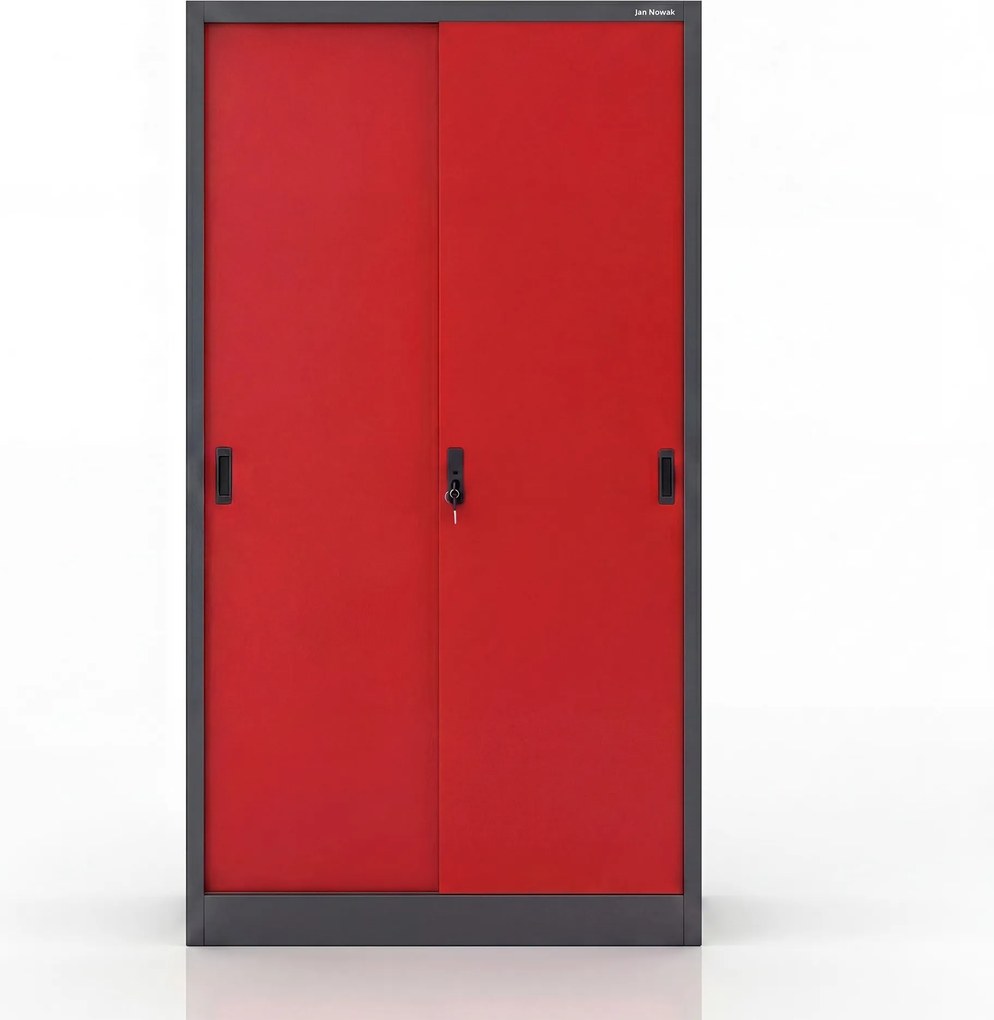 Fém irodai szekrény tolóajtókkal, antracit-piros, 900x1850x400 mm: KUBA