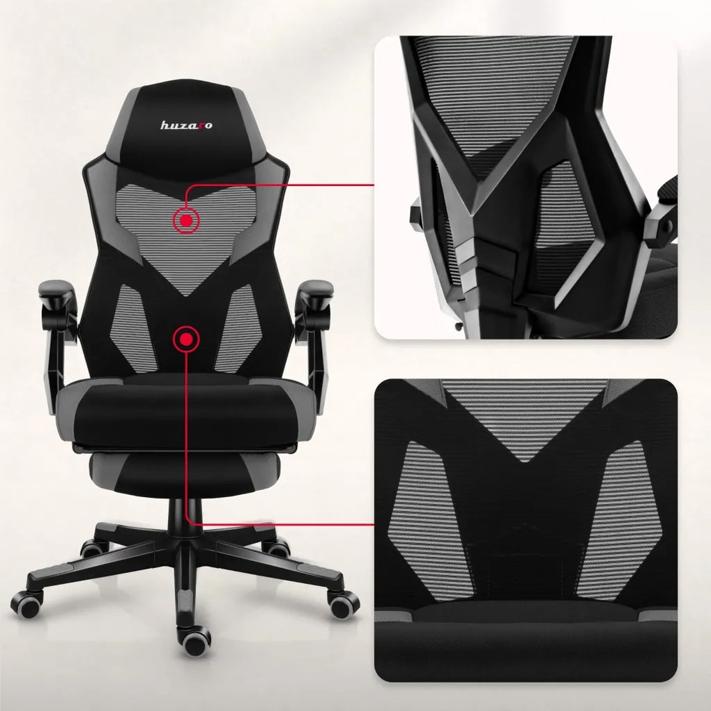 Gamer szék lábtartó, lélegző anyag, ergonómikus kartámaszok, Grey