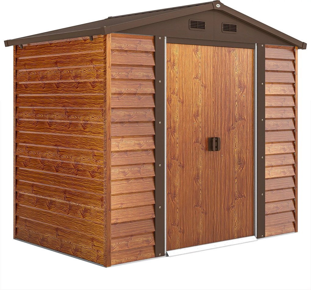Outsunny Fém Kertészeti Tároló Ház Fa Hatással 3 m² 152 x 235,7 x 208,7 cm Garázs Ferde Tető Ablakkal Kétoldali Csúszó Ajtókkal Időjárásálló Kerti Ház