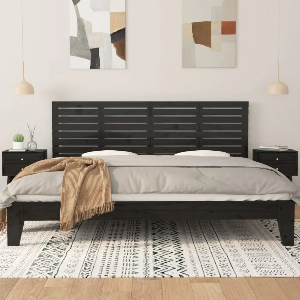fekete tömör fenyőfa fali fejtámla 166x3x63 cm