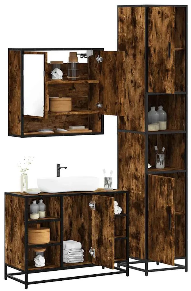 3 részes füstös tölgy színű szerelt fa fürdőszobai bútorszett