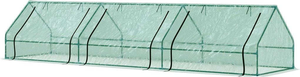 Outsunny Vízálló és UV-Védett Kerti Üvegház 3 Felhúzható Ablakkal, Mini Növény Üvegház Acélból és Polietilénből, 400x100x80 cm, Zöld | Aosom