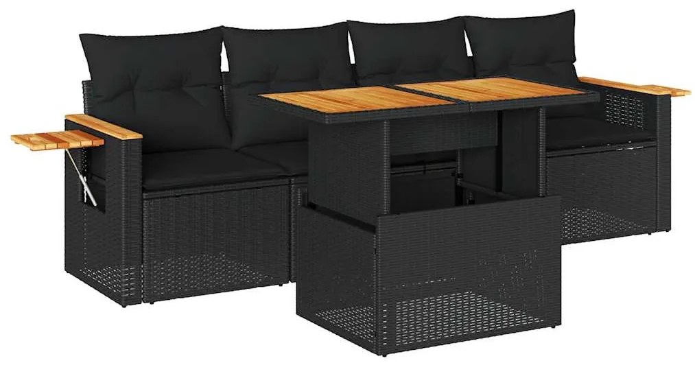 5 részes fekete polyrattan akácfa kerti kanapészett párnákkal