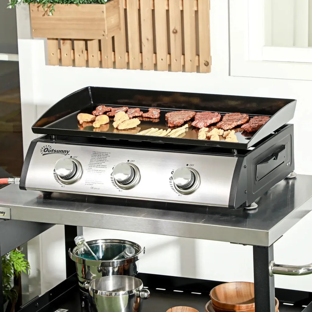 Outsunny gázgrill fedővel, 3 égővel, zsírfelfogó tálca, tapadásmentes felület, fekete/ezüst