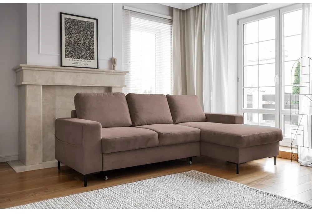 Barna kordbársony kinyitható sarokkanapé (jobb oldali) Lofty Lilly – Miuform
