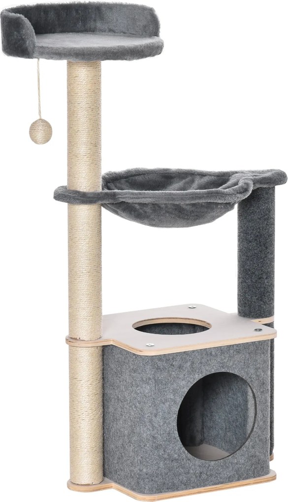 PawHut Macska Kaparófája 48x34x95 cm Macska Torony Hintaággyal, Kivehető Barlanggal, Függő Játékkal és Szizálposztokkal Szürke | Aosom