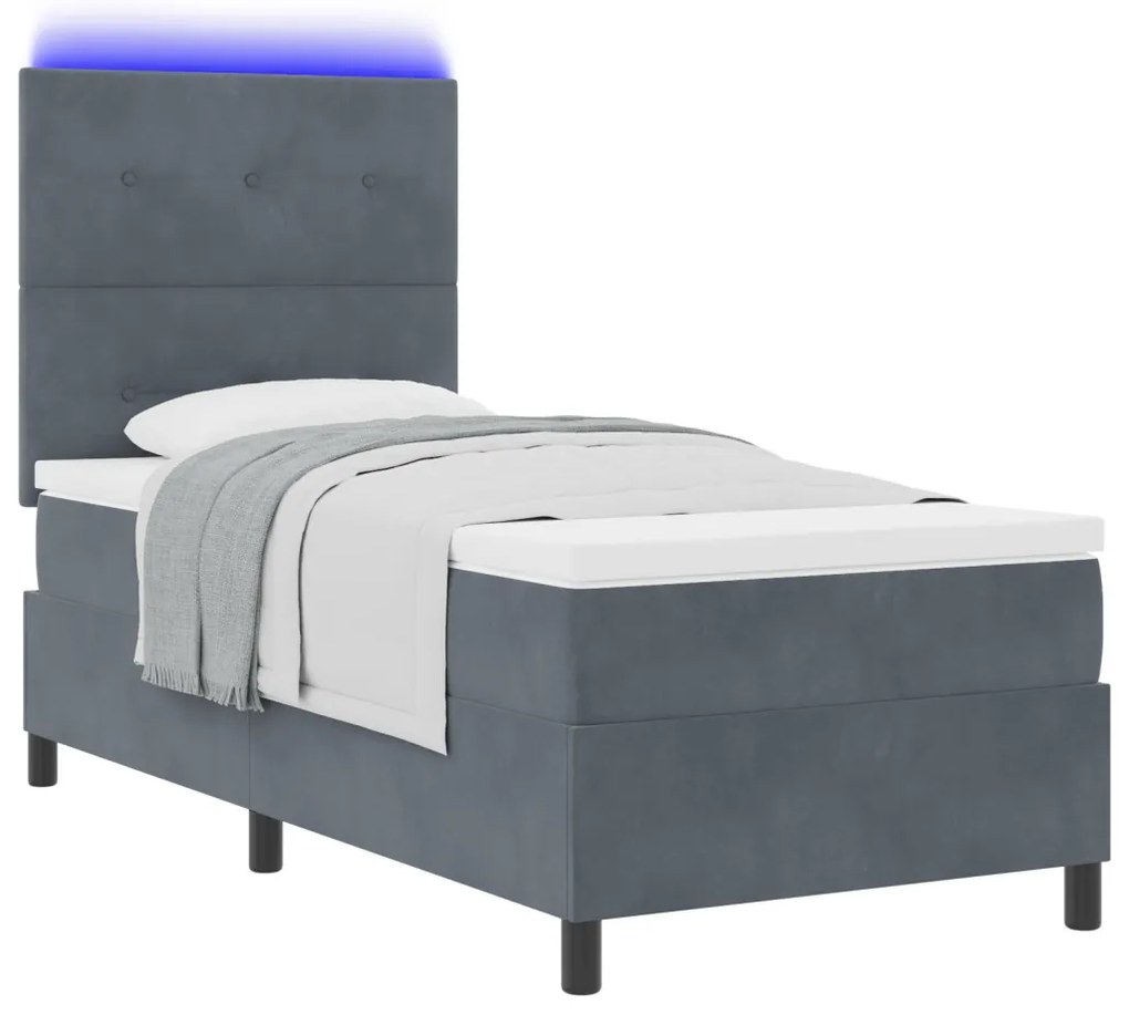 Boxspring Ágy Mattal és LED világítással, Sötétszürke 80x200 cm Bársony