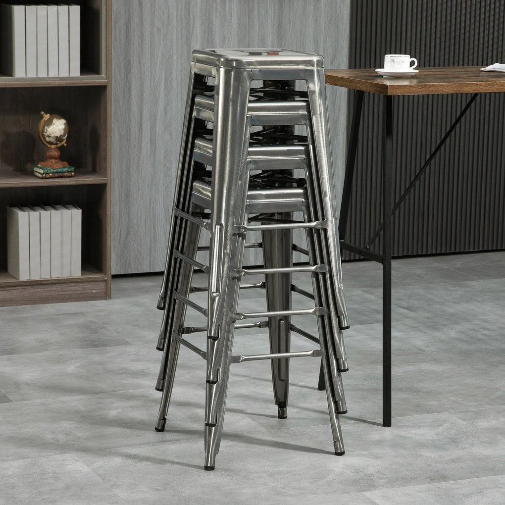 HOMCOM 4 Darabos Stacking Ipari Bárszék Készlet Lábpihenővel, 76 cm Magas, Ezüst Fém | Aosom