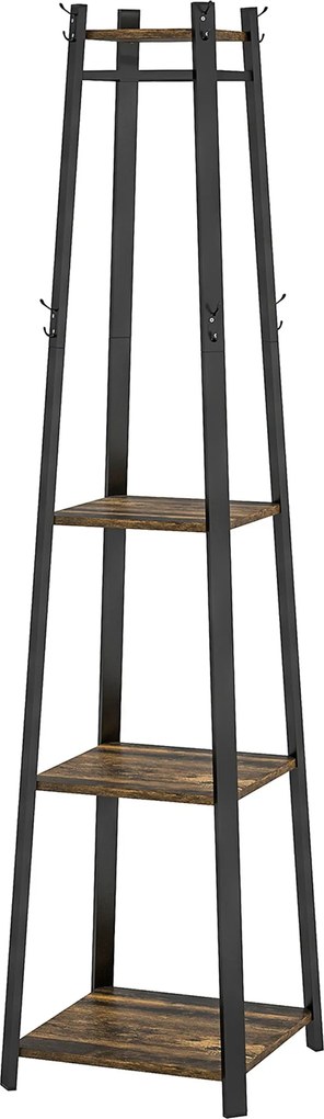 HOMCOM Fali Kabát Akasztó 8 Kampóval, 3 Polccal és Felső Polccal, Trapéz Forma, Előszobához, Hálószobához és Közösségi Térhez, 34x34x170 cm, Rusztikus