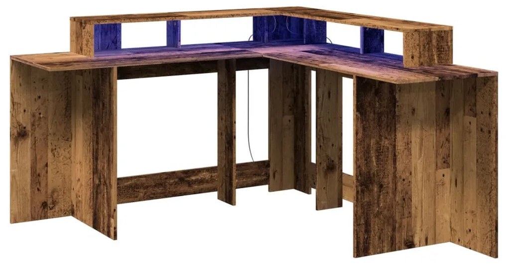 antik fa színű szerelt fa íróasztal LED-ekkel 152 x 152 x 91 cm
