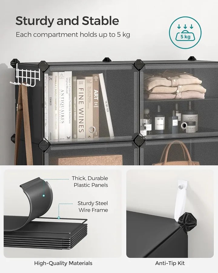 Cipős szekrény, 10 rekeszes moduláris tárolóegység, 32 x 165 x 125 cm, fekete