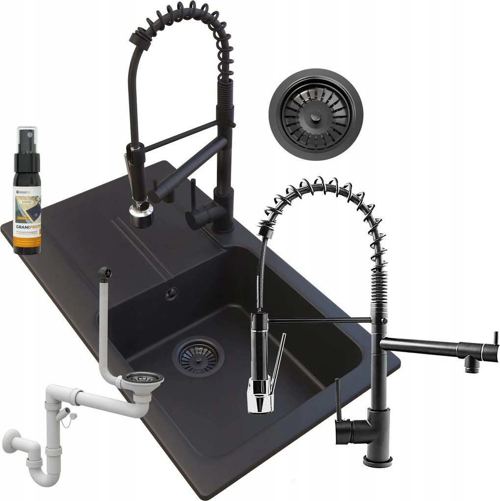 Gránit Mosogató Fekete Tasos Konyhai Csaptelep +szifon