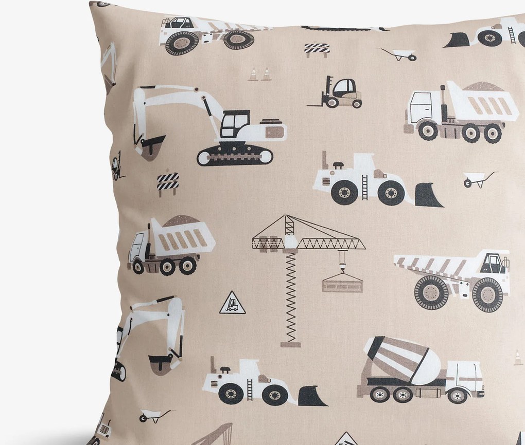 Goldea gyerek pamut párnahuzat - teherautók és markolók bézs alapon 40 x 60 cm