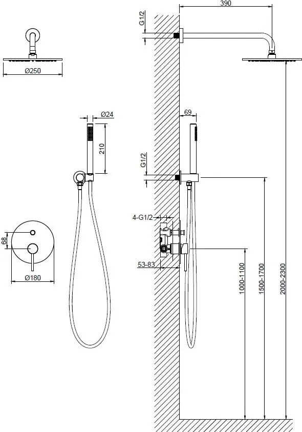 AREZZO design ASTRO falsík alatti zuhanycsaptelep szett, szálcsiszolt nikkel