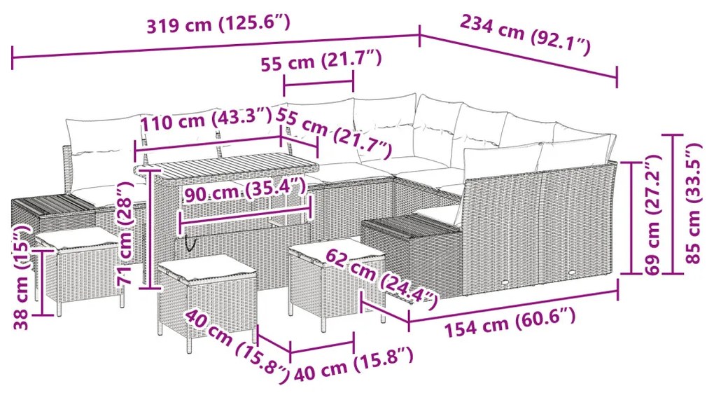 13 részes kertkanapé szett párnákkal bézs poli rattan akáccal