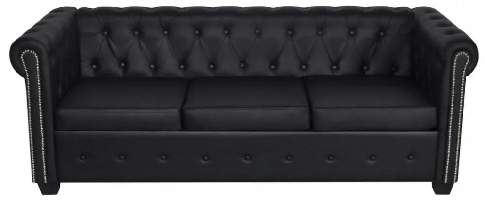 3 személyes fekete műbőr Chesterfield kanapé