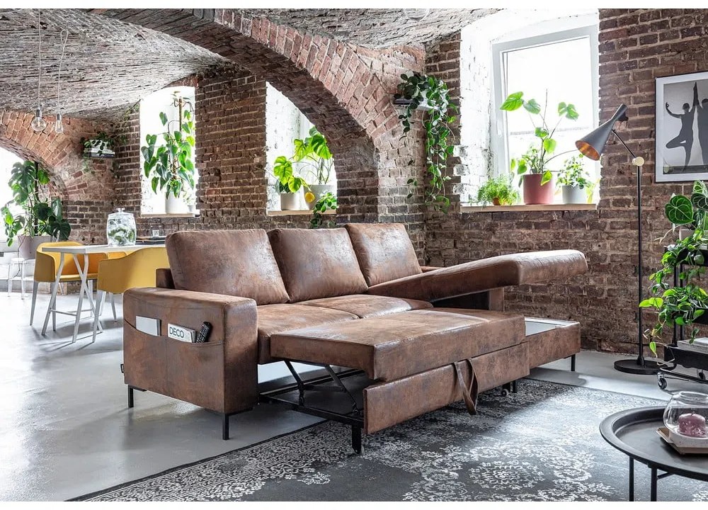 Lofty Lilly Vintage barna kinyitható bőrutánzat sarokkanapé, jobb oldali - Miuform
