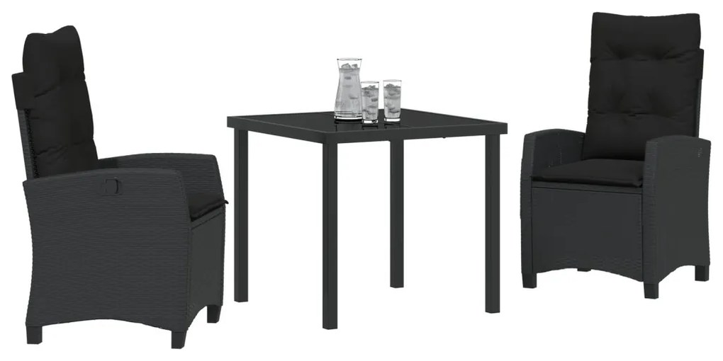 3 Darabos Kerti Étkező Szett Párnával - Fekete Poli Rattan