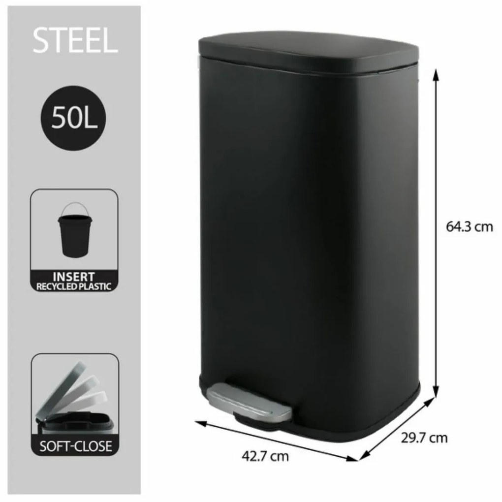 Spirella Pedálos szemetes soft-close Akira 50 l,matt fekete, 50 l