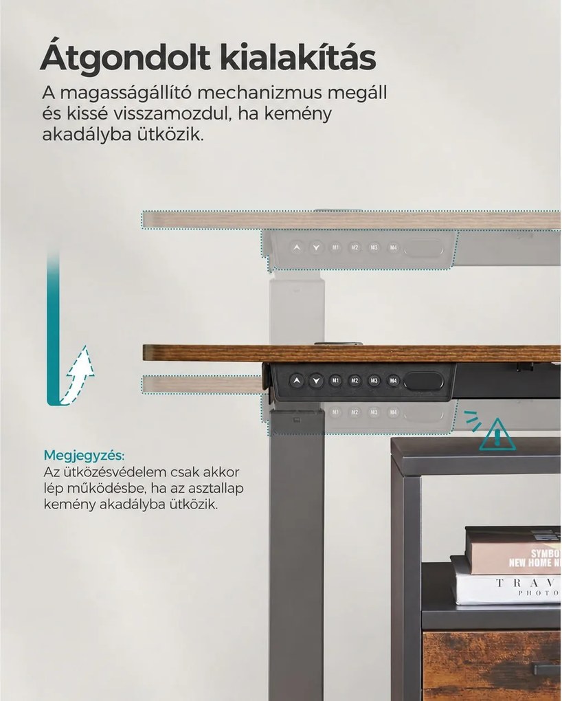 Elektromosan állítható íróasztal, 160 x 70 cm, 72–120 cm, 4 memóriahellyel, vintage barna/fekete