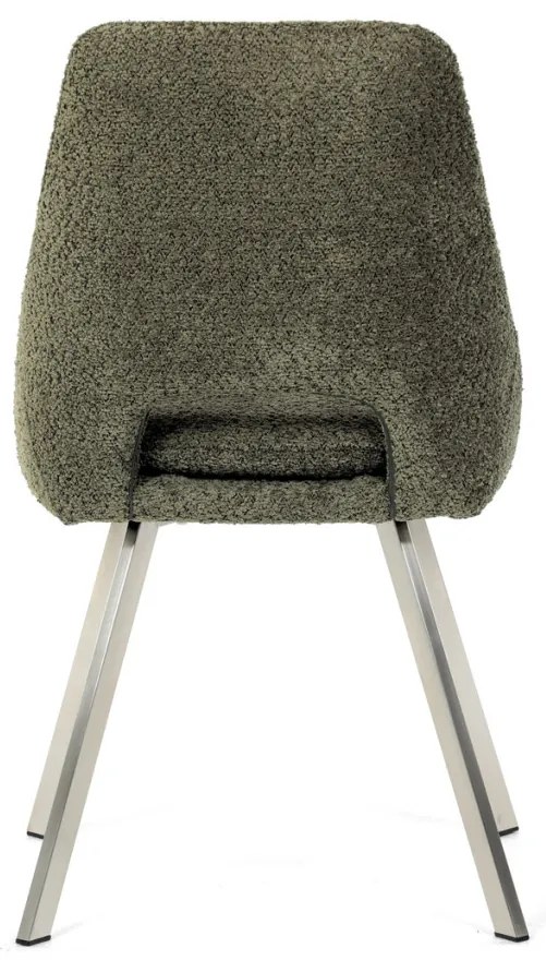 Scaun de sufragerie modern, tapițerie din material verde, picioare metalice, oțel inoxidabil periat.