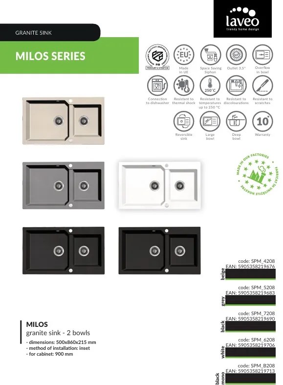 Kuchinox Milos, 2 rekeszes gránit mosogató 980x500x215 mm + szifon, bézs, LAV-SPM_4209