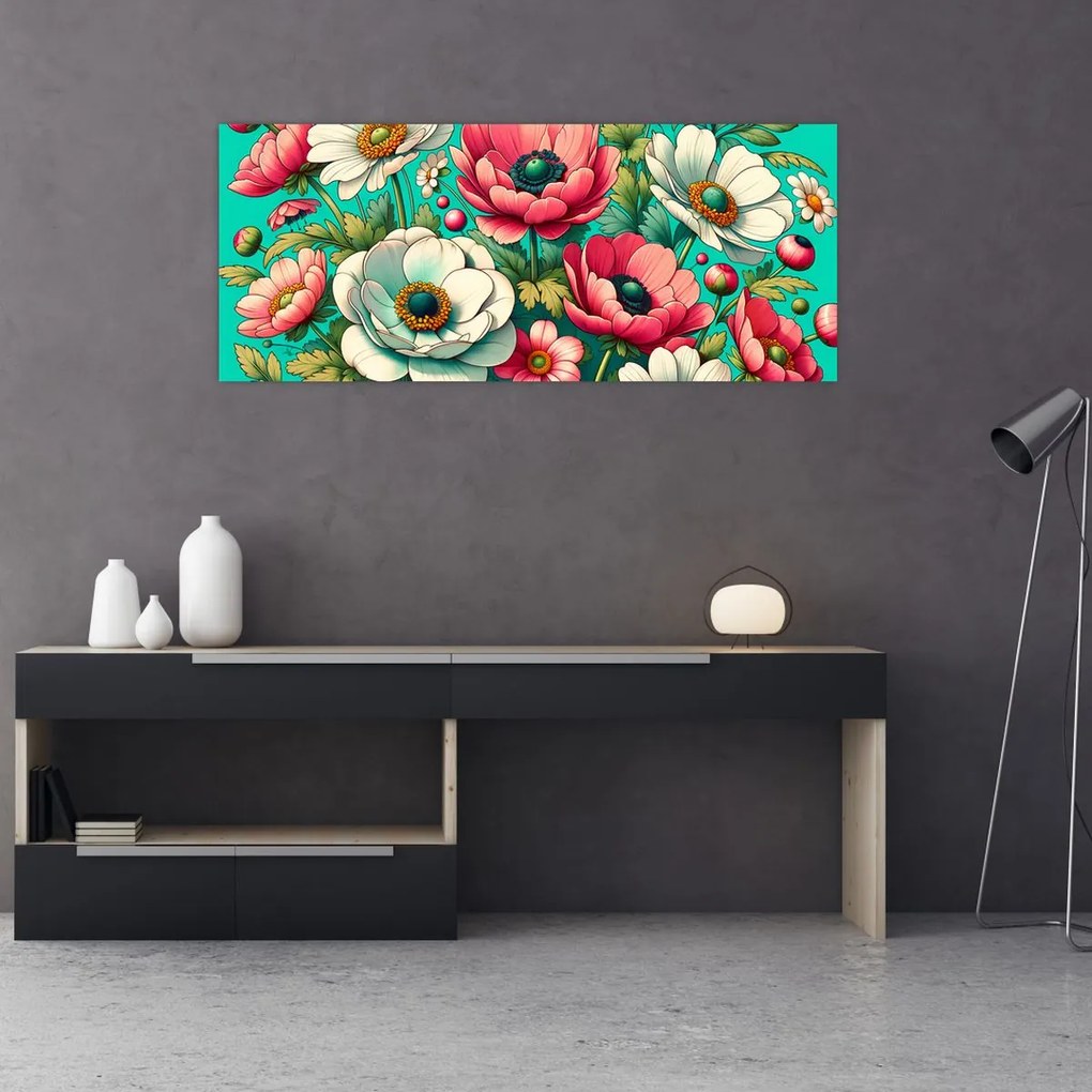 Kép - Virágok kék háttéren (120x50 cm)