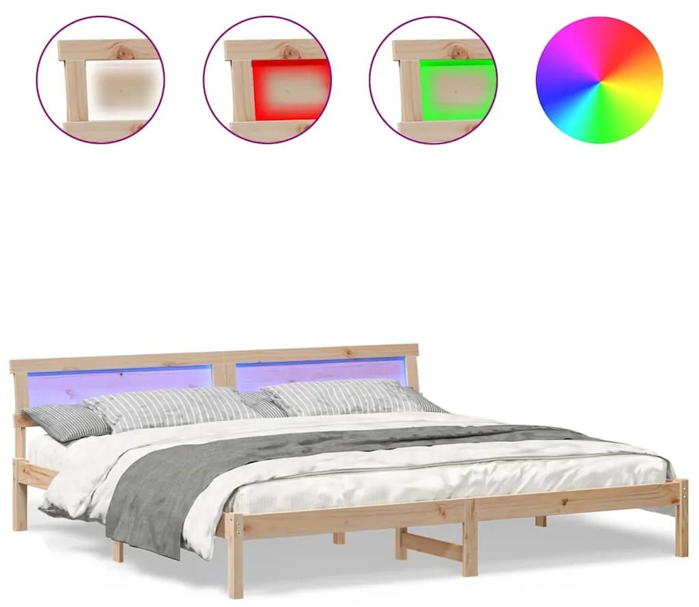 Ágykeret LED -es lámpákkal Barna 200 x 200 cm Tömör fenyőfa