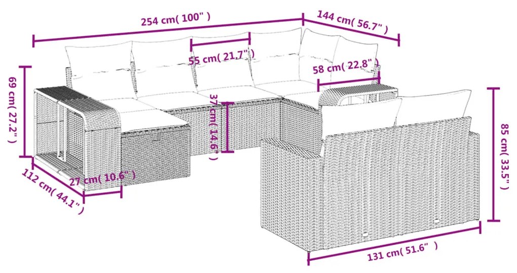 10 részes szürke polyrattan kerti ülőgarnitúra párnákkal