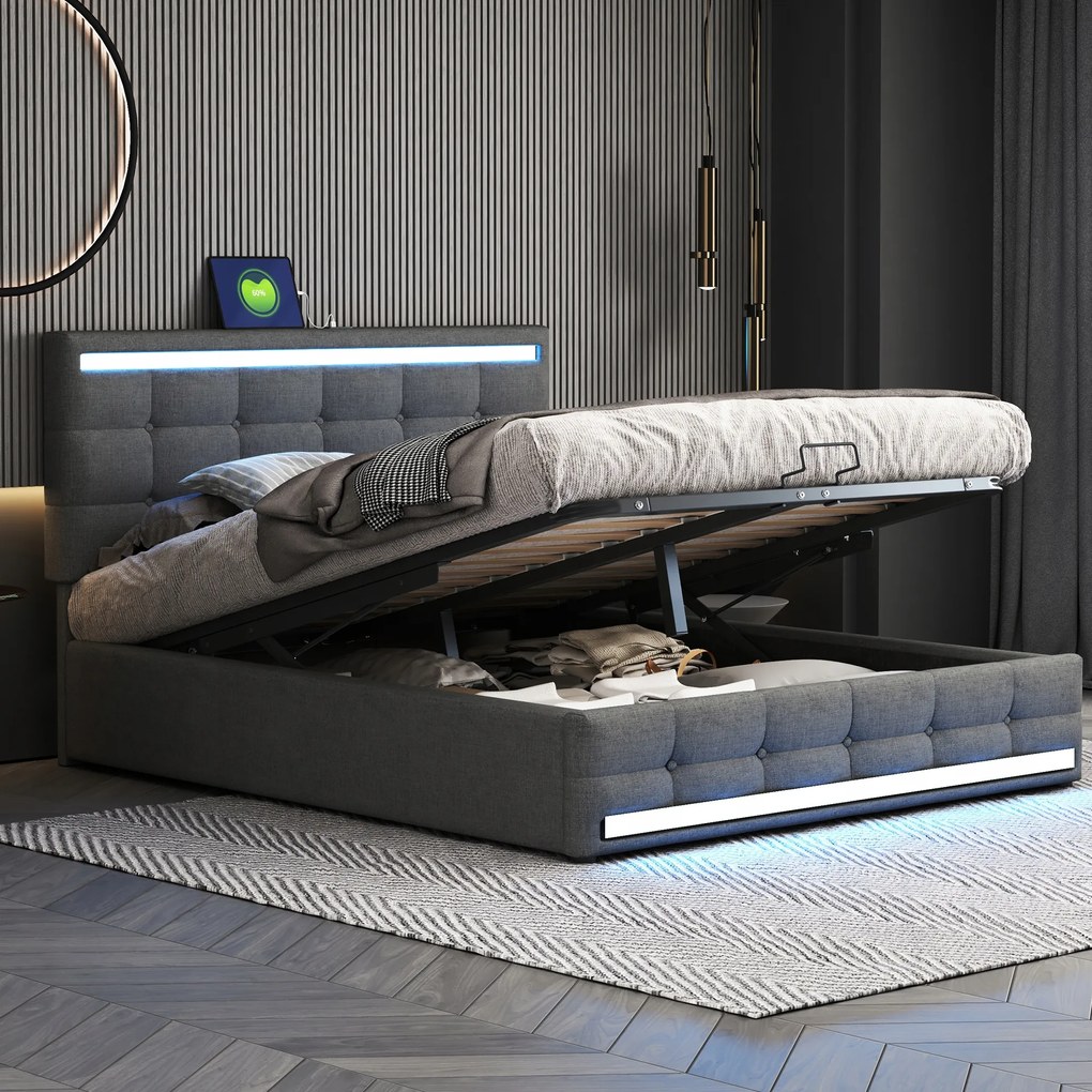 franciaágy Kárpitozott ágy 140*200 Led tároló Usb len szürke