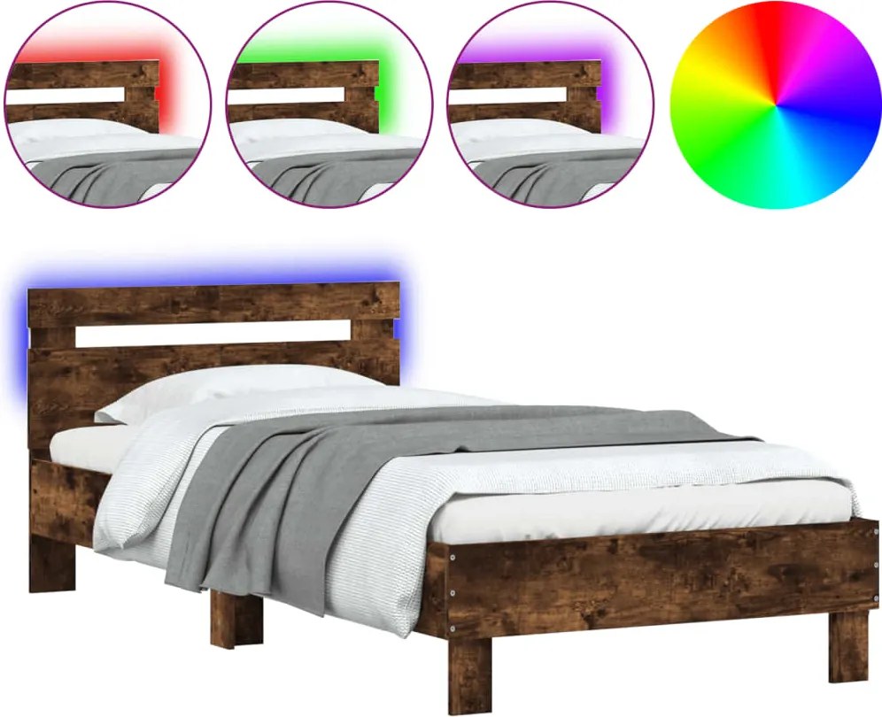 vidaXL füstös tölgy színű ágykeret fejtámlával és LED-ekkel 100x200 cm